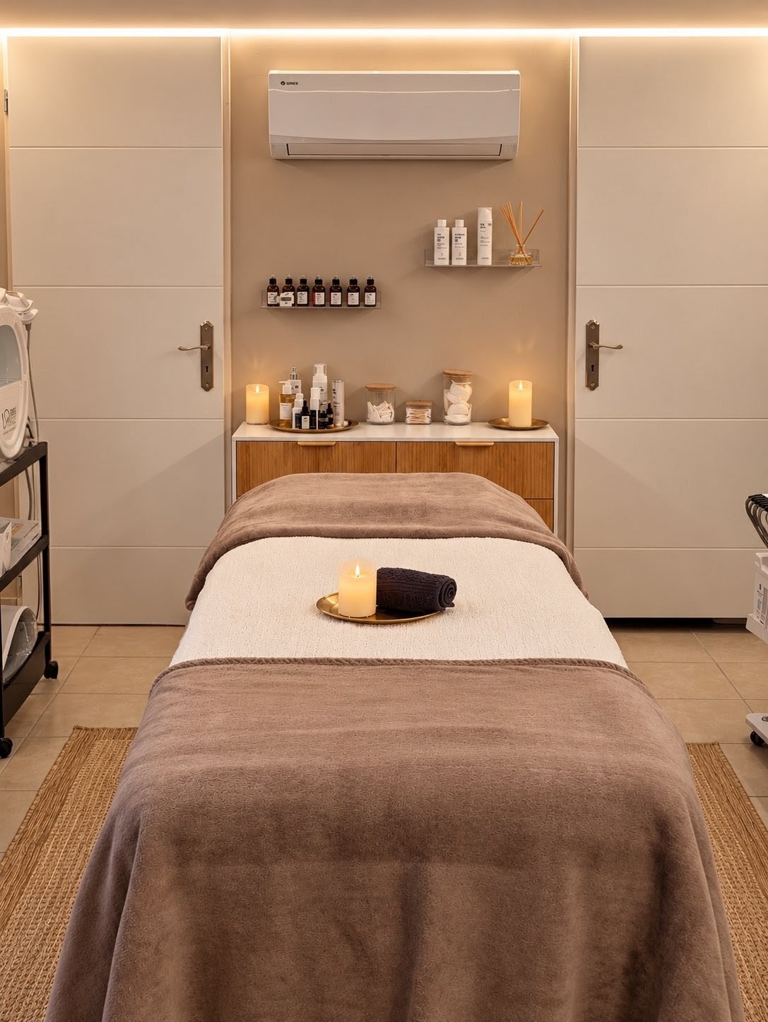 La cabine de soins Âméa : table de soin, linge doux, bougies et produits professionnels